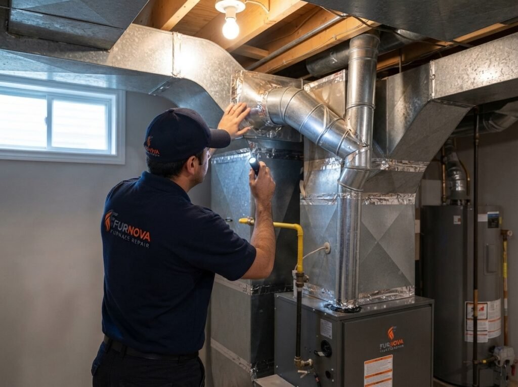 Furnova technician inspecting furnace ductwork