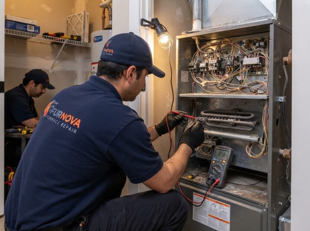 Furnova technician testing an electric furnace with a multimeter