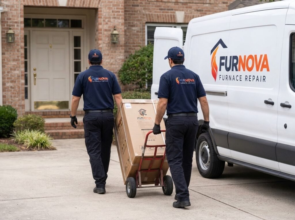 Furnova technicians delivering a furnace from the service van